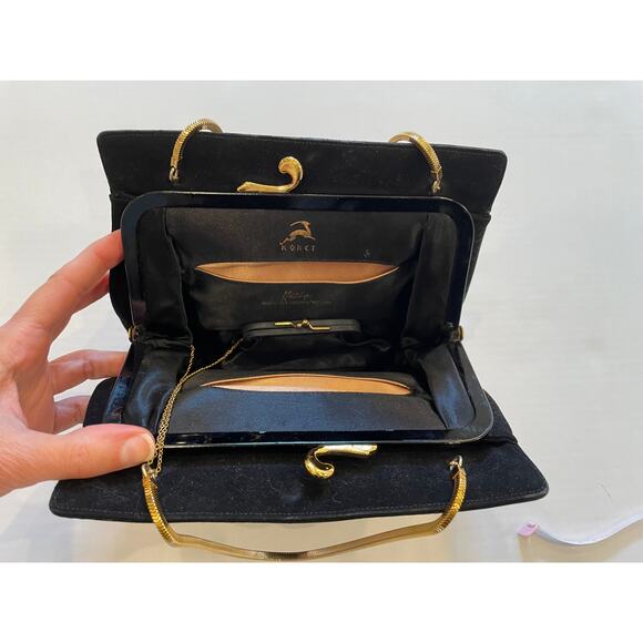 VTG Koret Black Kid Suede Evening Clutch/Purse with Mini Coin Purse, Gold Chain - Picture 4 of 11